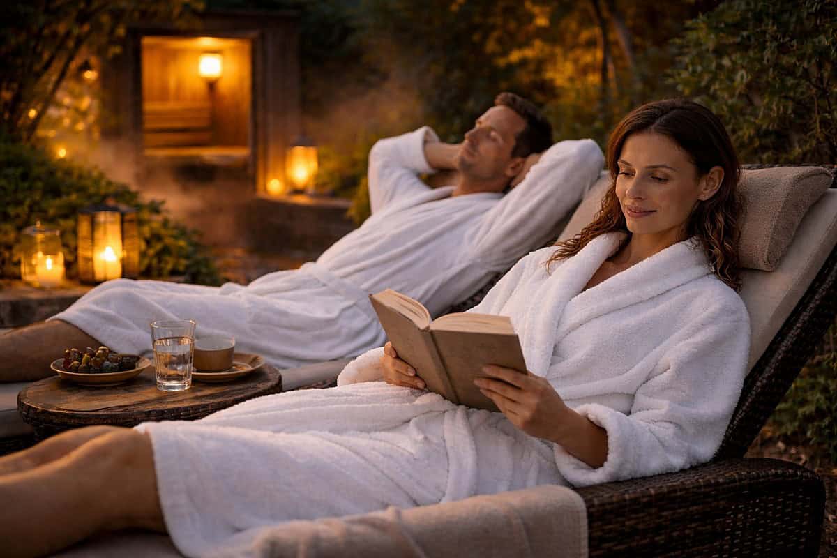 Entspannte Sauna- und Wellness-Auszeit im Garten bei Dämmerung und Kerzenschein.