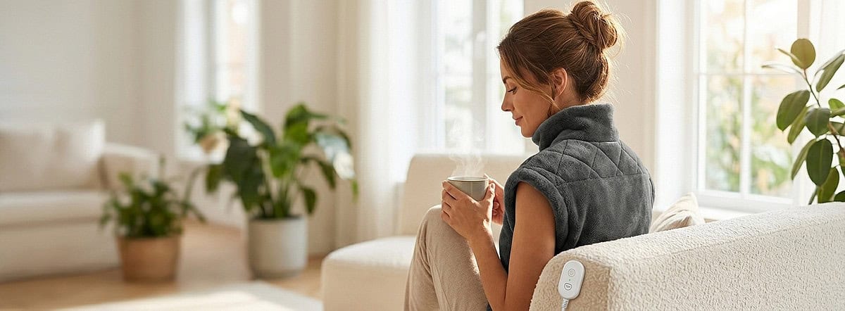 Frau sitzt entspannt auf dem Sofa und trägt ein graues Wärmekissen am unteren Rücken.