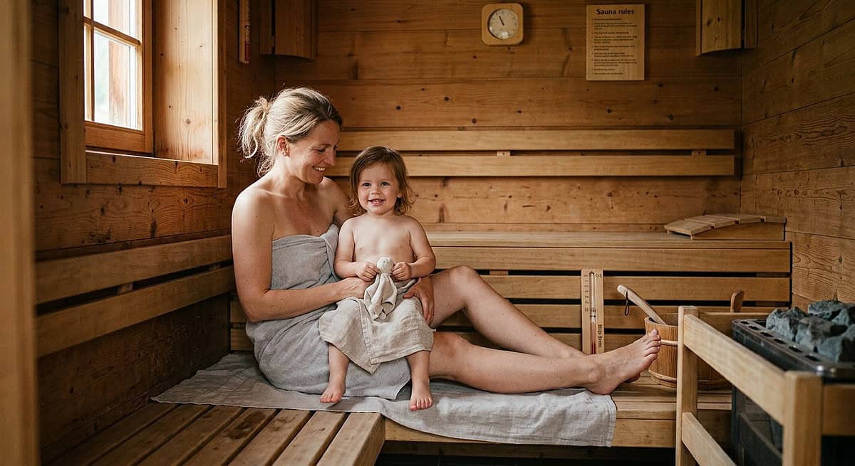 Mutter und Kind in einer Sauna, entspannte Atmosphäre, Holzinterieur.