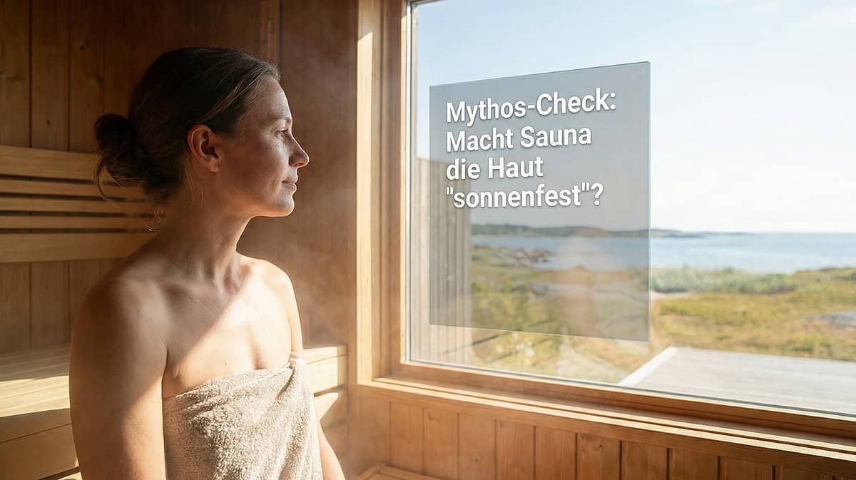 Mythos-Check: Sauna als Sonnenschutz? Frau in Sauna blickt auf Fenster mit dem Text 'Mythos-Check: Macht Sauna die Haut sonnenfest?'