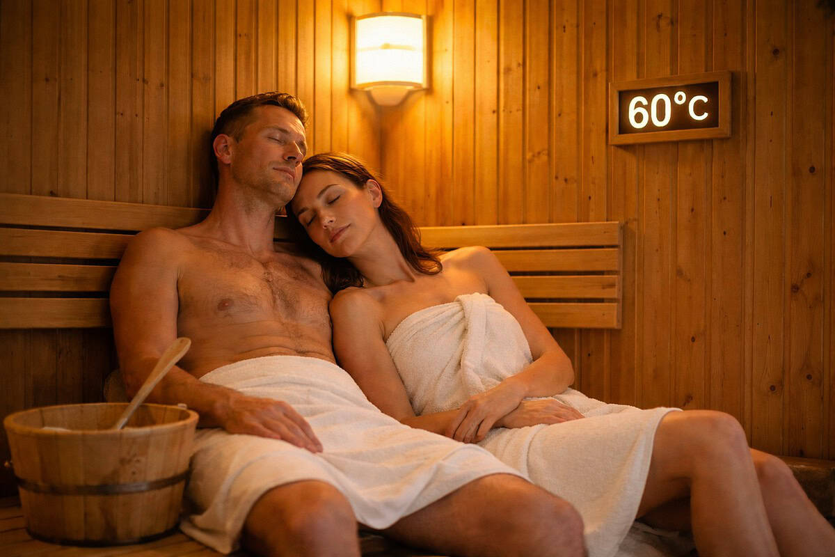 Entspannende Sauna für Paare bei 60°C in Holzsauna, romantisches Wellnesserlebnis.