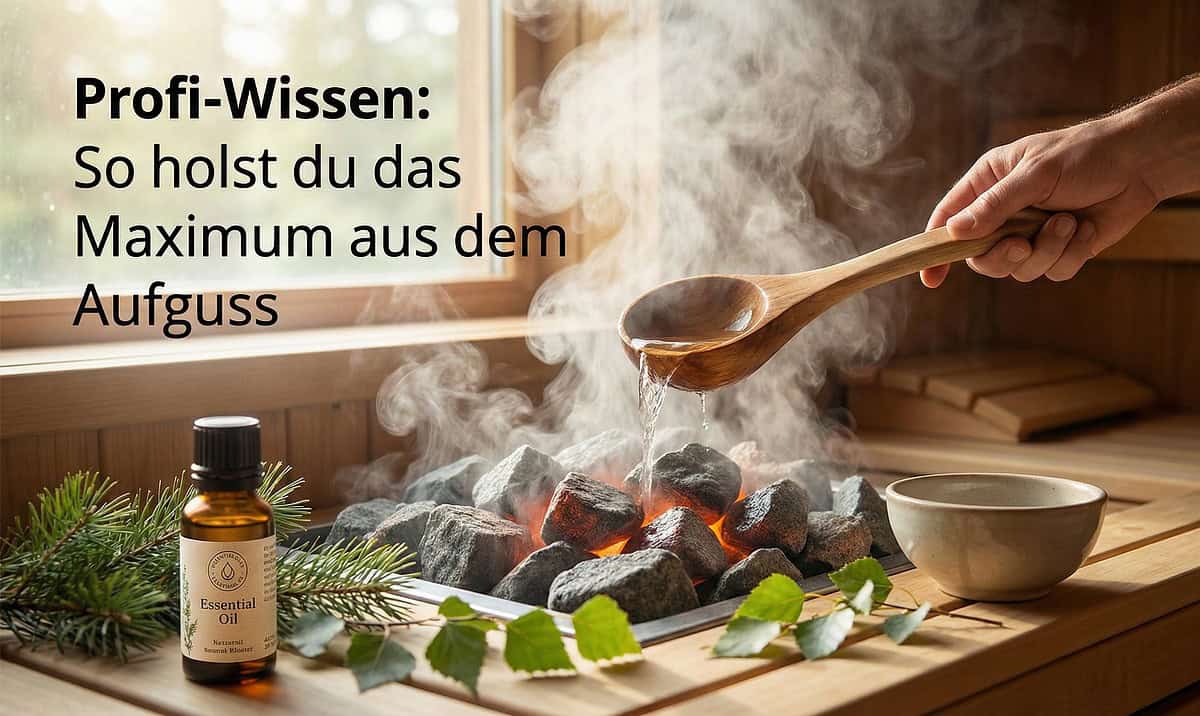 Heilsamer Sauna-Aufguss mit Naturstein und ätherischem Öl, Wellness und Entspannung.