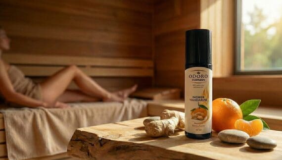 Fläschchen ODORO Sauna-Essenz Ingwer-Mandarine auf einer Holzbank in einer Sauna mit Ingwerwurzel und Mandarine
