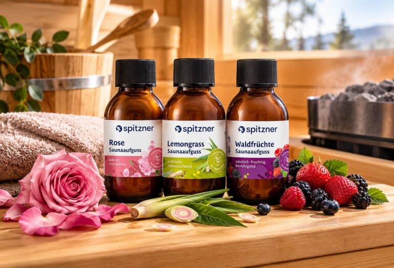 Saunazeit Spitzner Saunaaufguss Set mit Rose, Lemongras und Waldfrüchte.