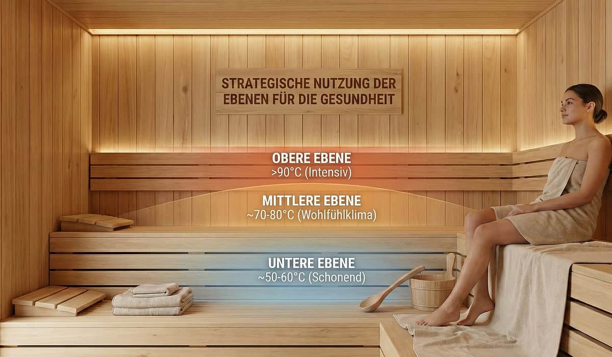 Sauna-Temperaturstufen: Strategische Nutzung der Ebenen für die Gesundheit Sauna mit mehreren Ebenen für unterschiedliche Temperaturen und Komfort.