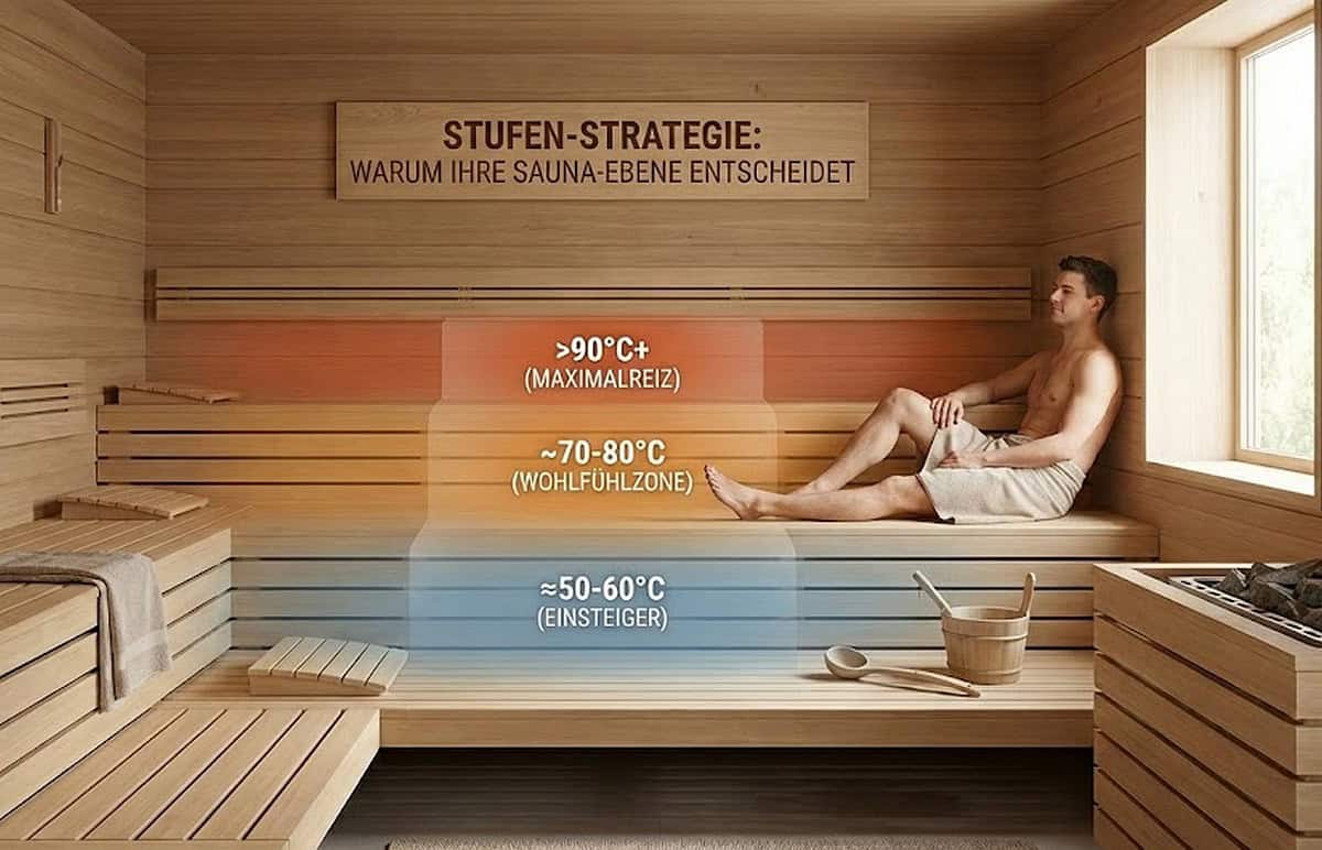 Sauna-Stufen-Strategie: Wählen Sie die passende Temperaturzone von Einsteiger bis Maximalreiz. Infografik in einer Sauna zur Stufen-Strategie