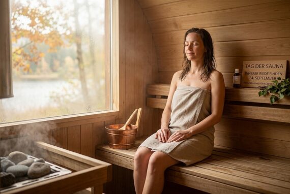Entspannte Frau in Sauna mit Blick nach draußen, Natur im Hintergrund.