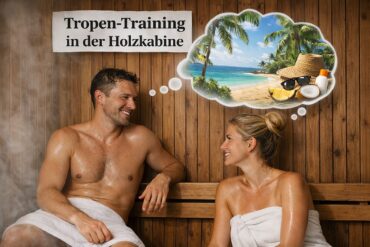 Entspannende Sauna-Session mit Blick auf Truppen-Training in der Holzkabine.