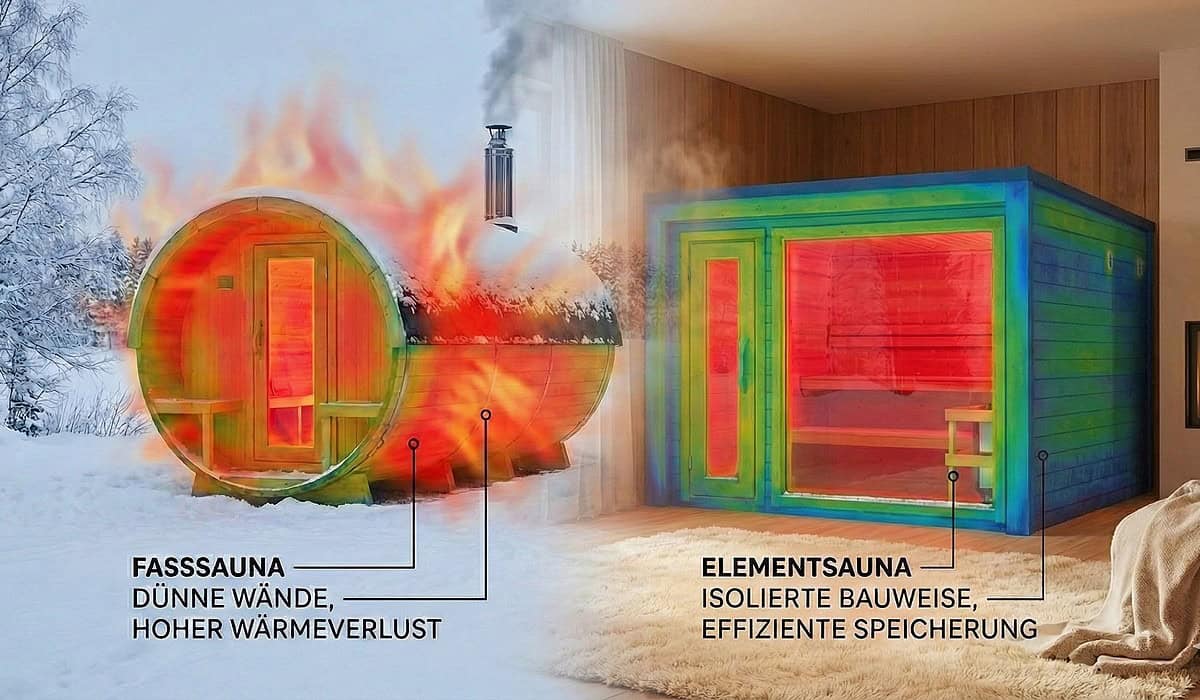 Moderne Sauna mit Isolierung und Wärmespeicherung im Innenraum.