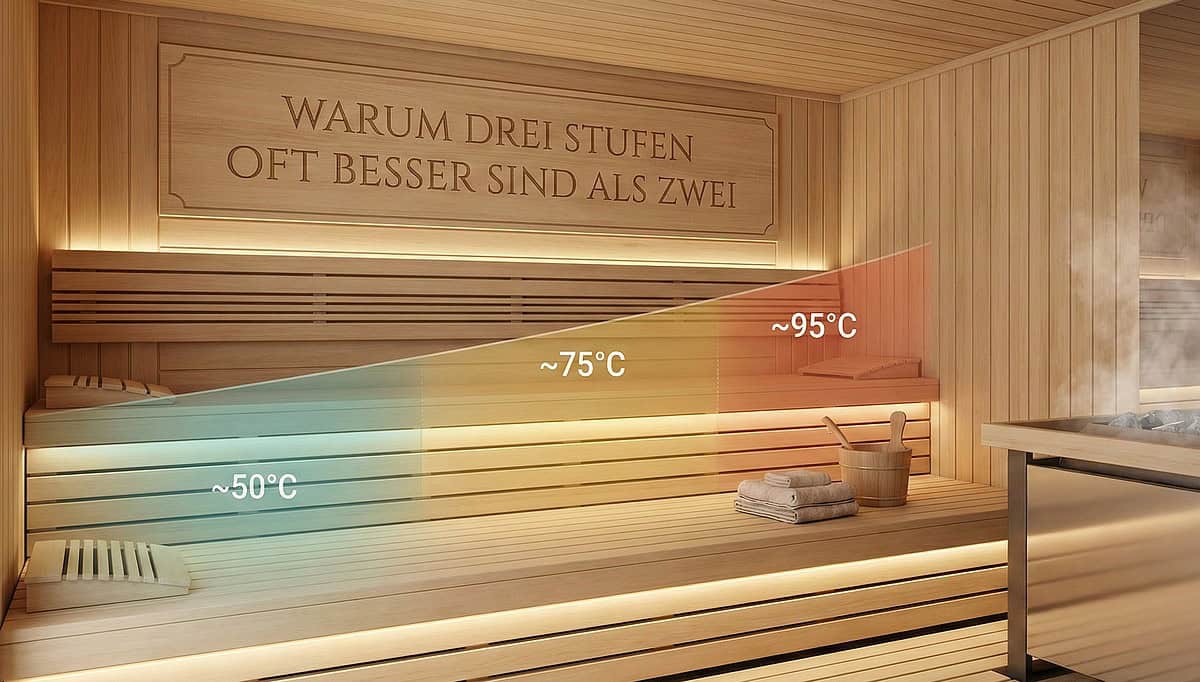 Sauna-Wissen: Die richtige Sitzebene für die Gesundheit wählen. Infografik in einer modernen Holzsauna zur Nutzung der drei Ebenen: Oben (>90°C, intensiv), Mitte (~70-80°C, Wohlfühlklima) und Unten (~50-60°C, schonend).